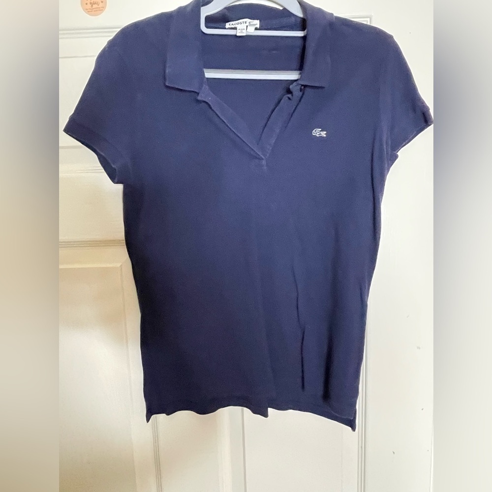 Lacoste Womens Dark blue Knit 1/4 Button Down Solid Polo Top Shirt size 40  - Picture 6 of 9
